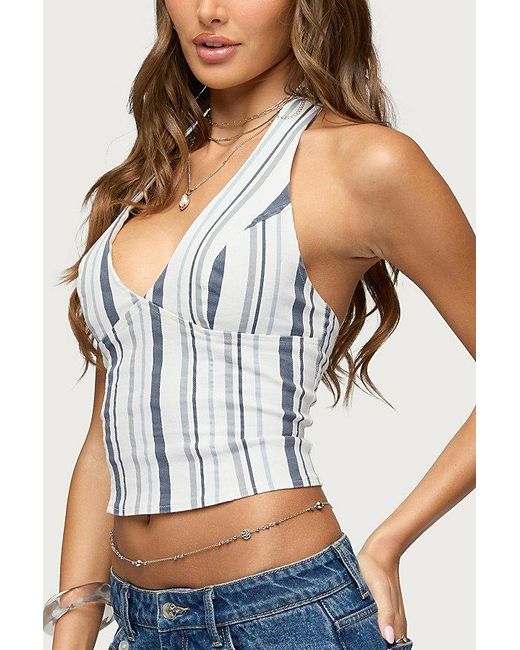 Edikted White Sofey Striped Denim Halter Top