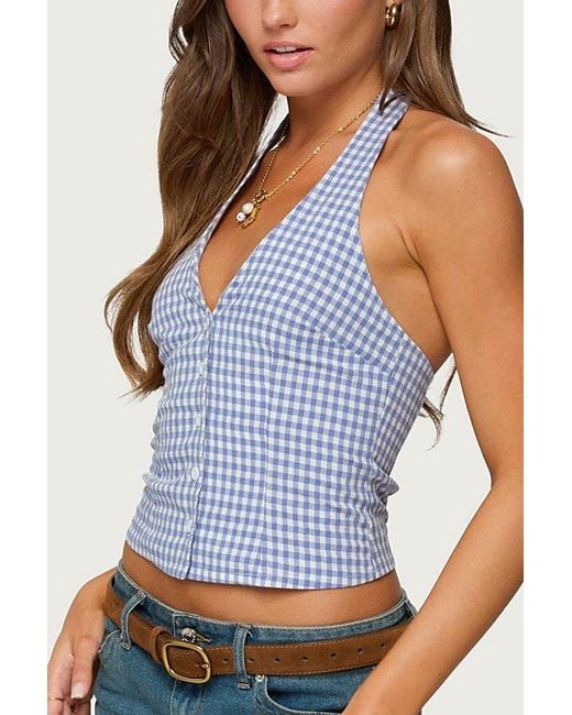 Edikted Blue Evan Gingham Button Up Halter Top