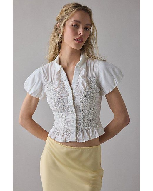 Urban Outfitters Gray Uo Maude Smocked Short Sleeve Button-Down Shirt