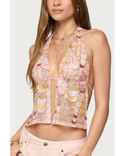 Edikted Pink Mermaid Backless Sequin Split Front Top