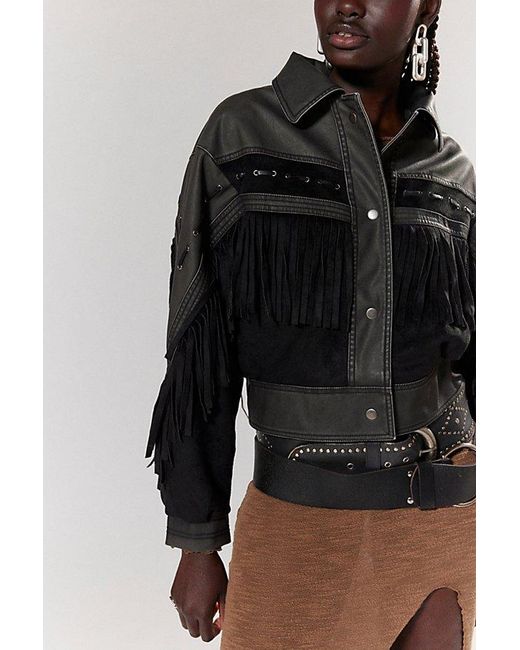 Silence + Noise Black Hannah Western Fringe Faux Leather Jacket