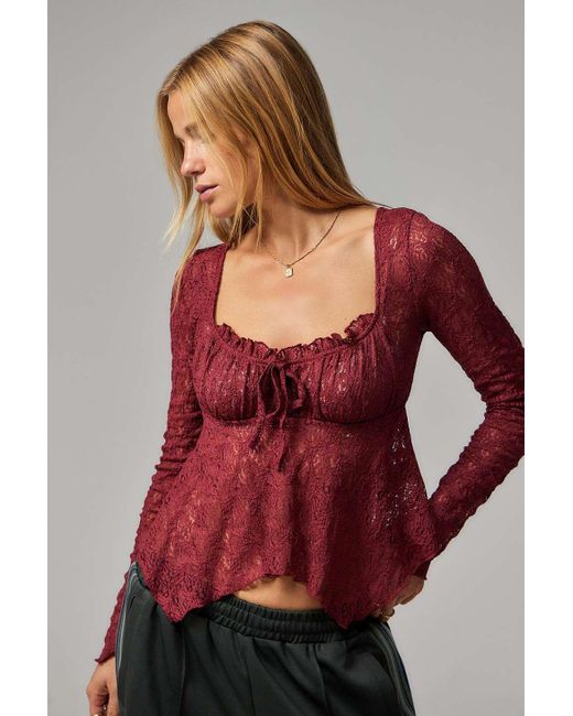 Urban Outfitters Red Uo Piper Lace Long Sleeve Top