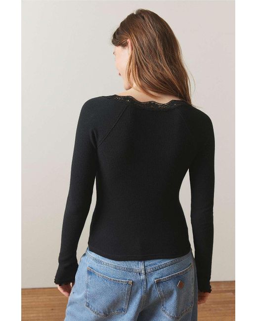 Out From Under Black Diana Lace-trim Henley Top