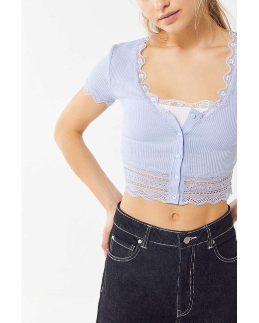 Urban Outfitters Blue Uo Darcy Lace Trim Button-up Cropped Top