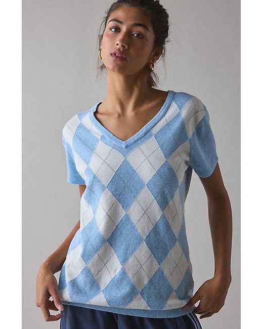 Vintage & ReMADE by UO Blue Remade By Uo Short Sleeve Argyle Sweater