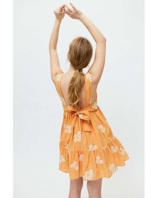 Urban Outfitters Orange Uo Avril Embroidered Tie-back Frock Dress
