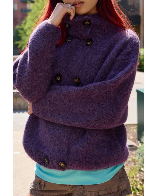 BDG Purple Duffy Funnel Neck Double Breasted Cardigan