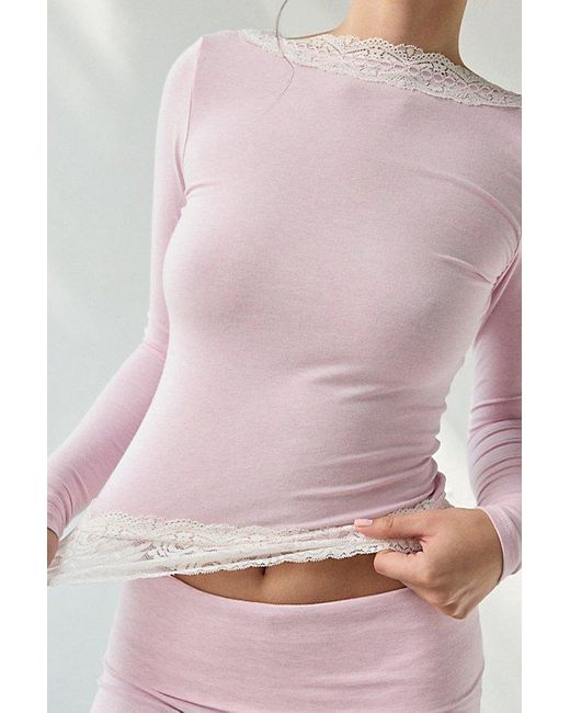 Out From Under Pink Our From Under Bec Lace Trim Low-Back Long Sleeve Top