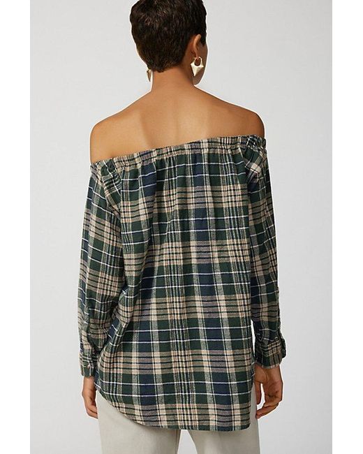 Urban Renewal Blue Remade Off-The-Shoulder Flannel Tunic