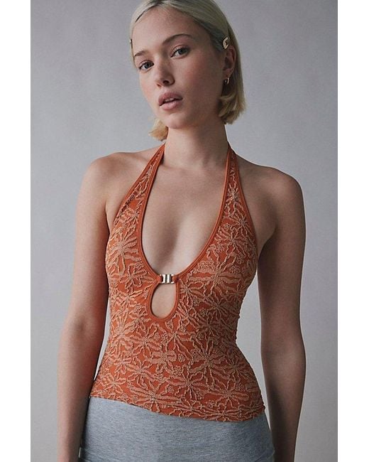 Out From Under Gray Floral Seamless Keyhole Cutout Halter Top