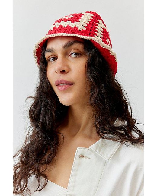 Urban Outfitters Red Granny Square Crochet Bucket Hat