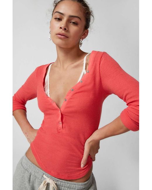 Out From Under Everyday Snap Henley Top In Red,at Urban Outfitters