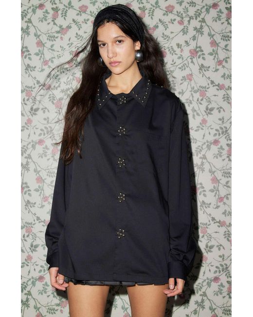 Sister Jane Gray Jean Studded Button-down Shirt In Black,at Urban Outfitters