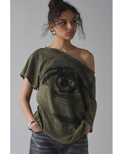 BDG Gray Courtney Eye Graphic Off-The-Shoulder Oversized Tee