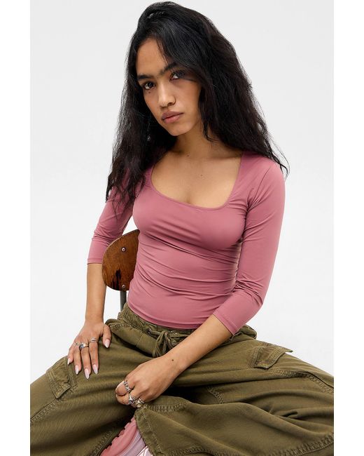 Urban Outfitters Pink Uo Ana Slinky Ruched 3/4 Sleeve Top