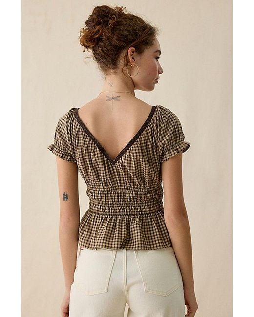 Kimchi Blue Natural Jane Ruched Lace Trim Short Sleeve Blouse