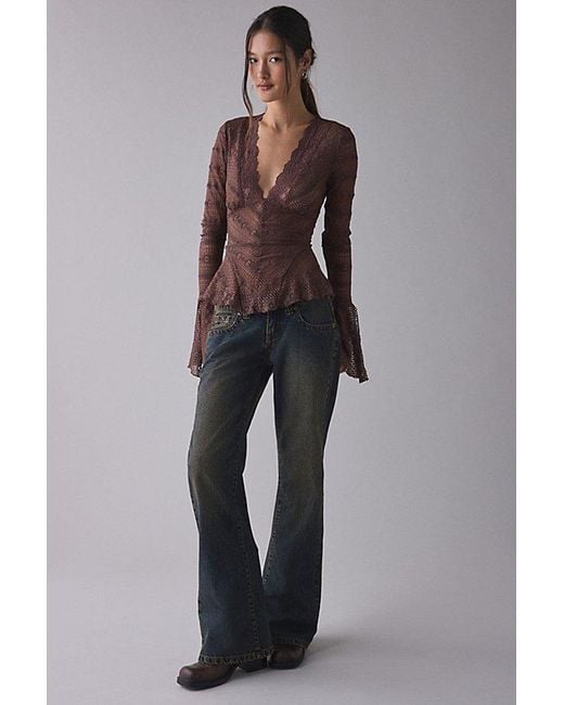 Kimchi Blue Brown Irene Sheer Lace Ruffle Bell Sleeve Top