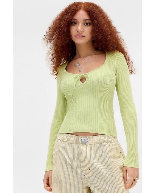 Urban Outfitters Green Uo Long Sleeve Keyhole Rib Knit Top