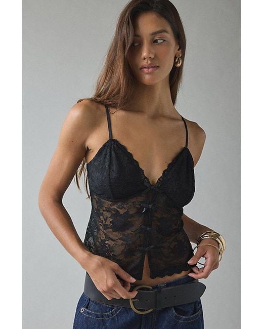Kimchi Blue Black Mae Sheer Lace Split-Front Bow Detail Cami