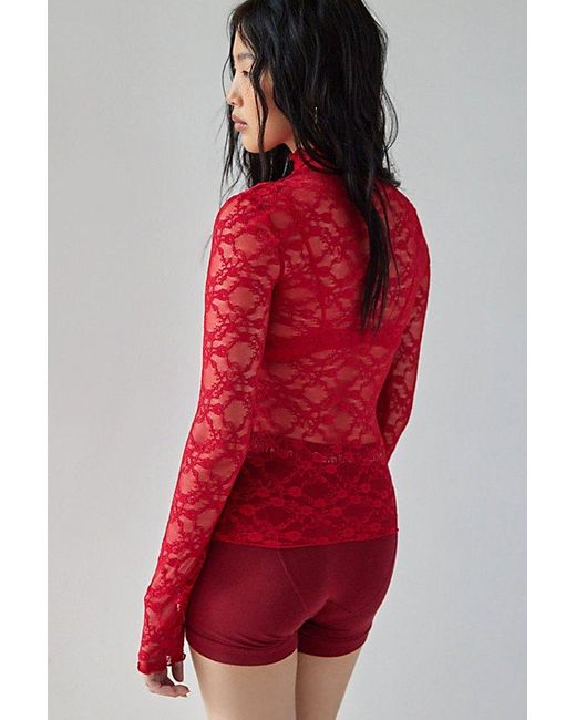 Out From Under Red Luna Sheer Lace Mock Neck Top