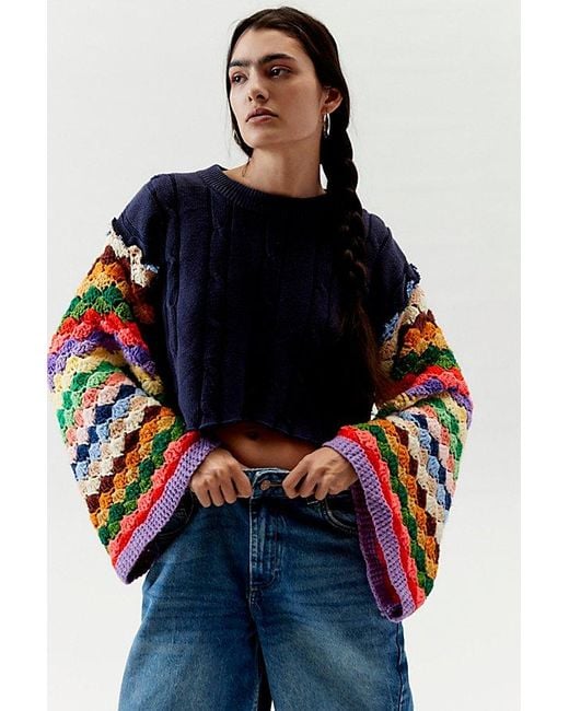Urban Renewal Blue Remade Crochet Bell Sleeve Cropped Sweater