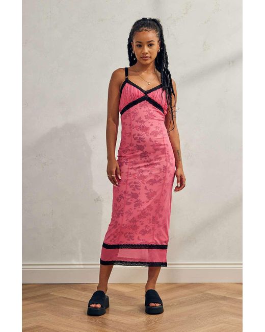 Urban Outfitters Pink Uo Olivia Mesh & Lace Slip Midi Dress