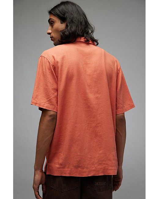 BDG Orange Peaches Cross Stitch Linen Short Sleeve Button-Down Shirt Top for men