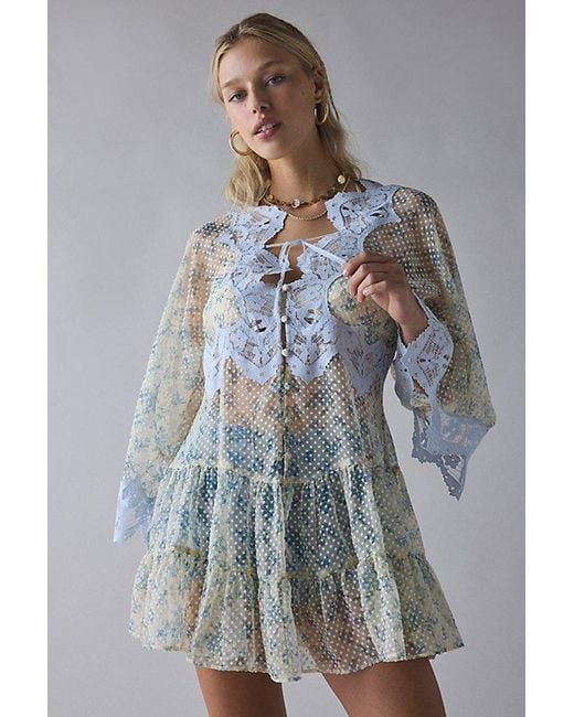 dresses kimchi blue Waiting For You Sheer Long Sleeve Mini Dress in Gray urban outfitters kimchi blue babydoll top