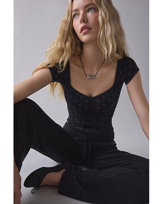 Out From Under Black Rosalie Ruched Seamless Knit Short Sleeve Top