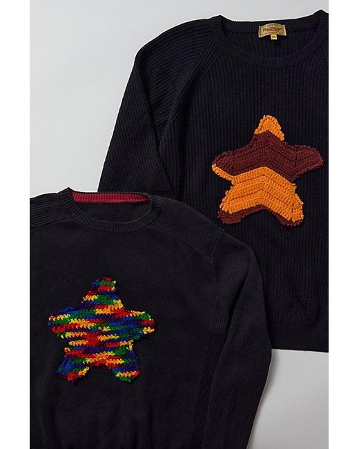 Urban Renewal Black Remade Crochet Star Patch Crew Neck Sweater