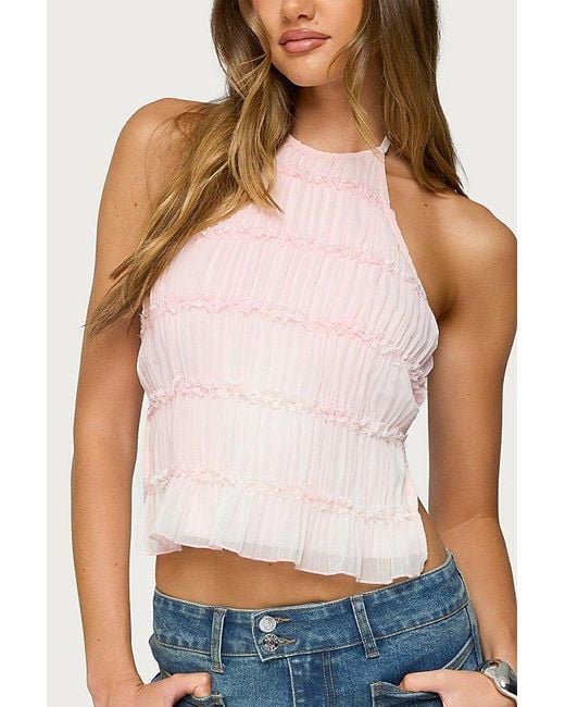 Edikted Blue Amit Tiered Chiffon Halter Top