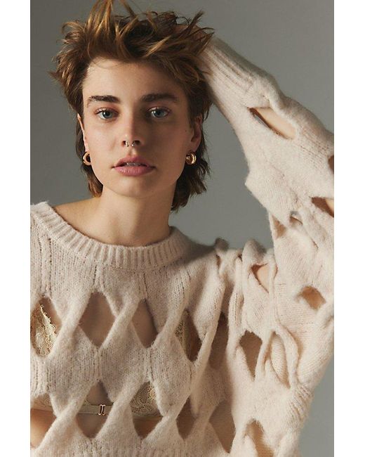 Silence + Noise Brown Clara Open Stitch Pullover Crew Neck Sweater