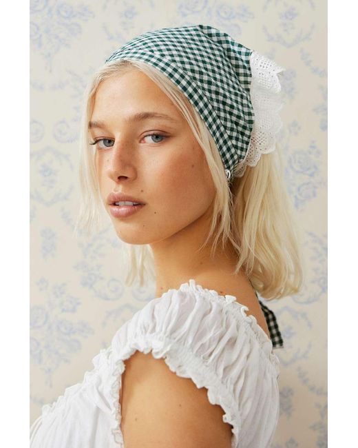 Urban Outfitters Green Uo Gingham Lace Headscarf