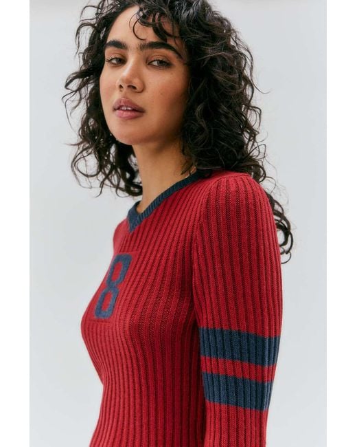 Urban Outfitters Red Uo Ribbed Knit Football Long Sleeve T-shirt