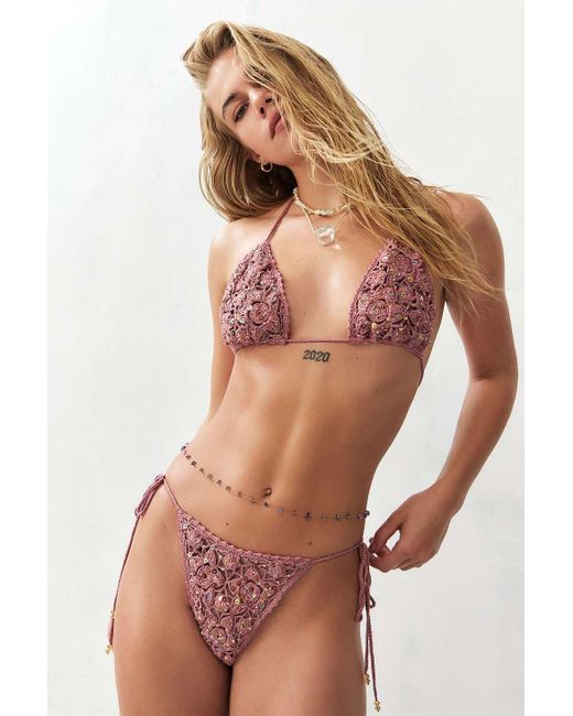 Out From Under Brown Sequined Open Stitch Bikini Top