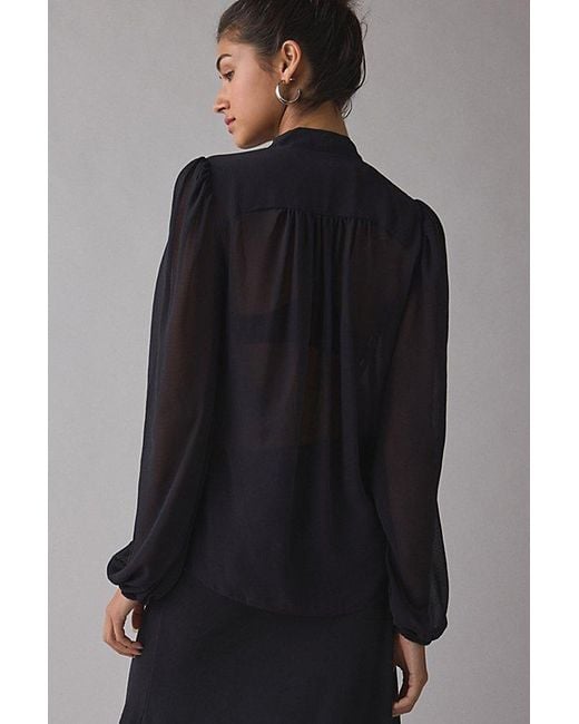 Urban Outfitters Black Uo Up All Night Sheer Tie-Front Bow Flyaway Blouse