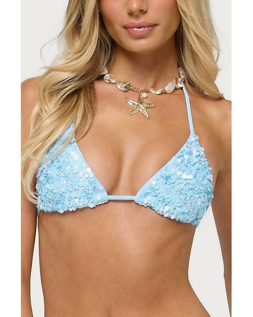 Edikted Blue Grace Sequin Triangle Bikini Top