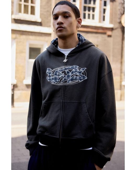 iets frans Washed Black Check Appliqué Zip-through Hoodie for men