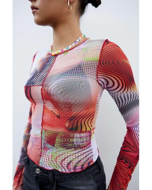 Jaded London Multicolor Mixed Y2k Print Cut & Sew Mesh Long Sleeve Top