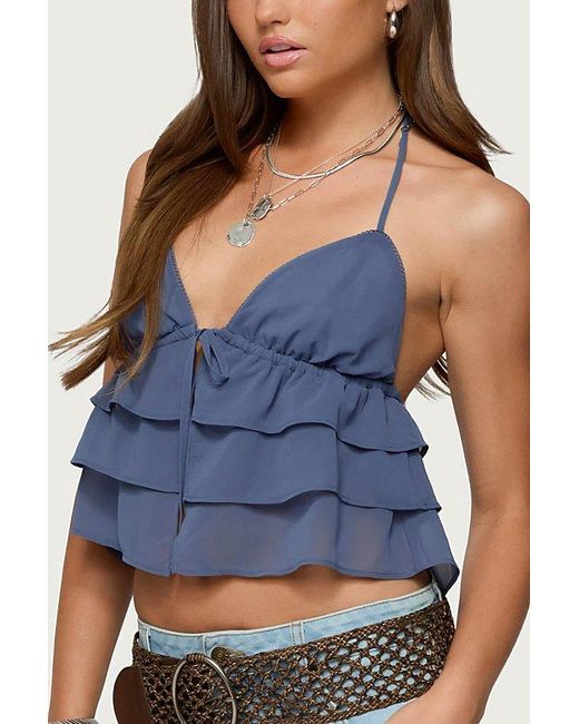 Edikted Blue Zephi Split Front Ruffled Top