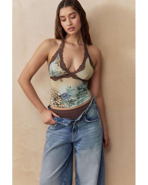 Out From Under Blue Lace Animal Print Halter Top L At Urban Outfitters
