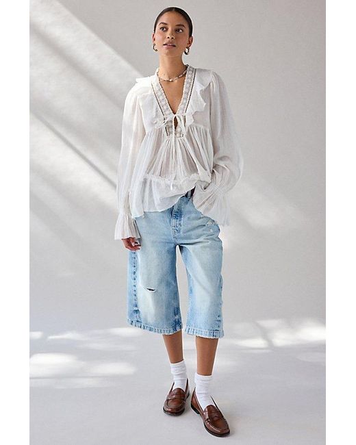 Kimchi Blue Gray Mona Lace Trim Ruffle Babydoll Tunic Blouse