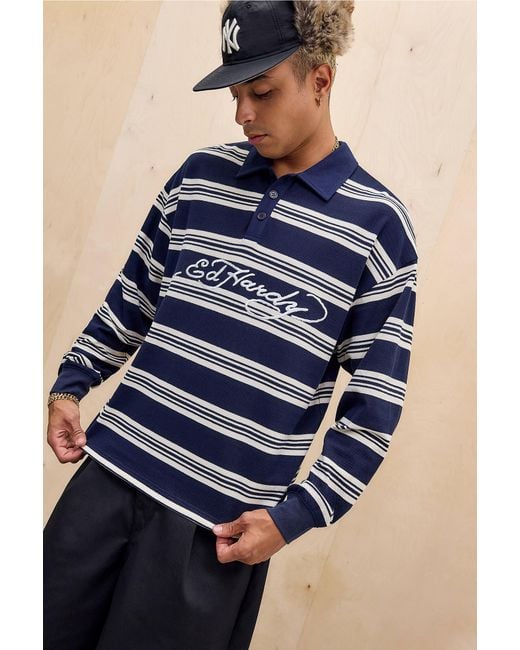 Ed Hardy Blue Uo Exclusive Navy Stripe Long Sleeve Polo Shirt for men