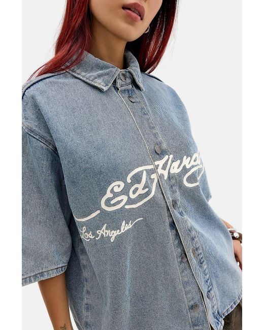 Ed Hardy Gray Eagle & Stars Relaxed Denim Shirt
