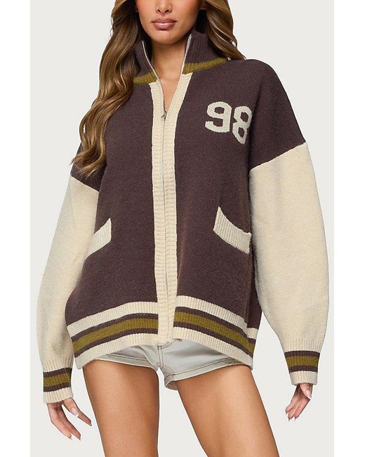 Edikted Brown 98 Varsity Zip Up Sweater