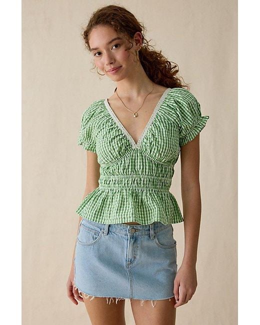 Kimchi Blue Green Jane Ruched Lace Trim Short Sleeve Blouse