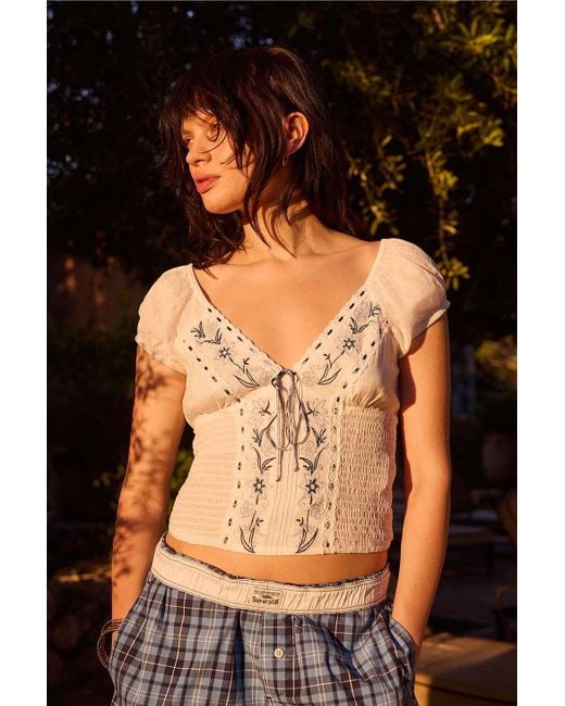 Urban Outfitters White Uo Blue Nova Embroidered Blouse