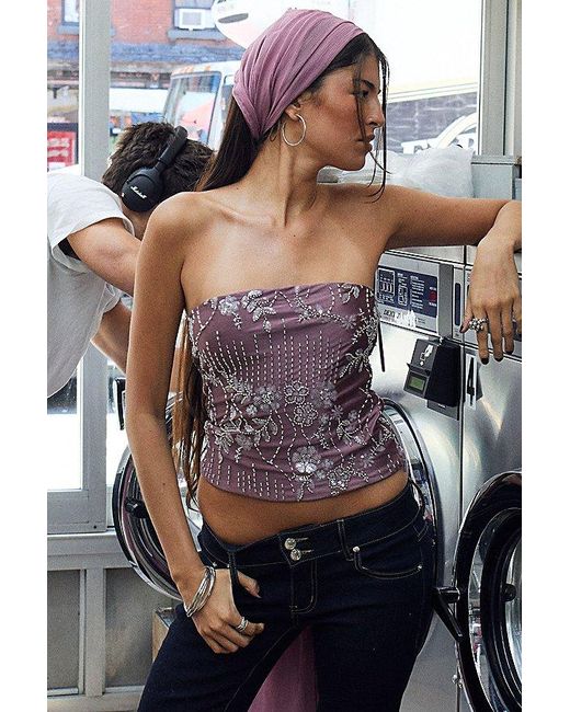 Edikted Gray Zelda Bead & Sequin Strapless Top