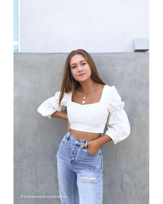 Urban Outfitters White Uo Romeo Puff Sleeve Cropped Top