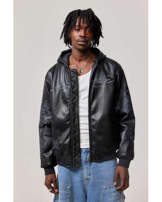 Ed Hardy Black Uo Exclusive Embroidered Faux Leather Bomber Jacket for men